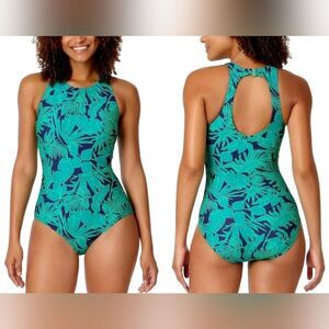 Lands' End Emerald & Navy High Neck UPF 50 Open Back 1pc Swimsuit Fully Lined, S